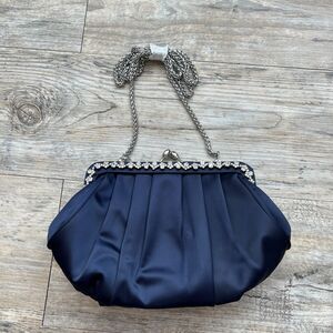 Elegant Navy Pleated Satin Clutch with Rhinestone Clasp & Removable Chain